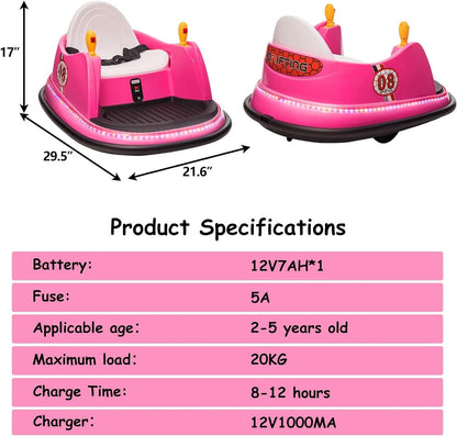 12V Kids Ride-On Bumper Car with Remote Control, 360° Spin, and Flashing Lights for Toddlers