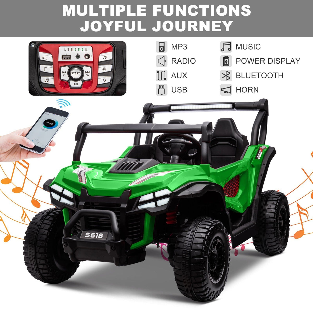 24V Kids Electric 2-Seater Ride-On UTV Truck 55in with Remote Control and 4x80W Motors Green