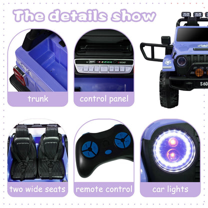 12V Electric Ride-On Jeep Truck for Kids with 2 Seats, 3 Speeds, and Remote Control, Blue