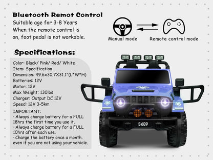 12V Electric Ride-On Jeep Truck for Kids with 2 Seats, 3 Speeds, and Remote Control, Blue