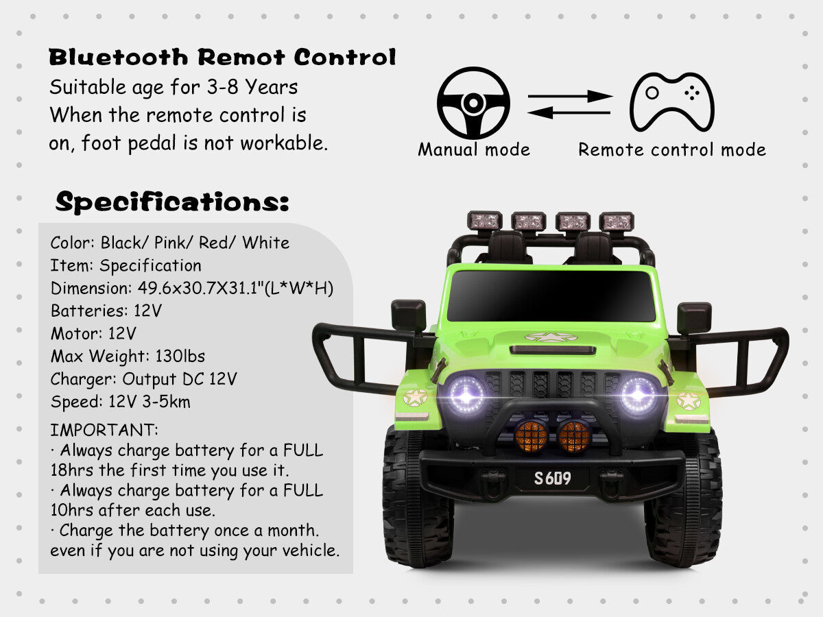 12V Electric Ride-On Jeep Truck for Kids, 2-Seater with 3 Speeds and Remote Control