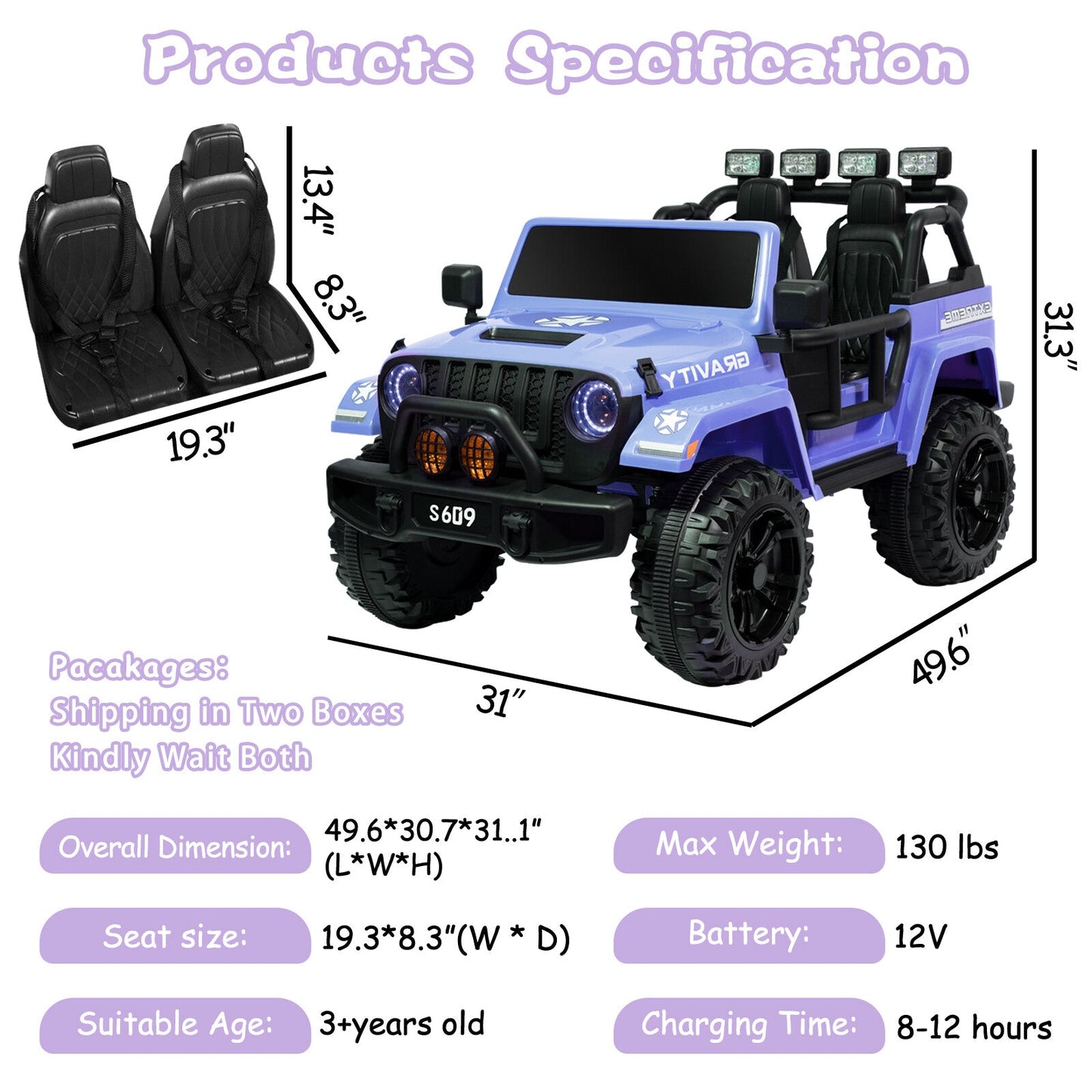 12V Electric Ride-On Jeep Truck for Kids, 2-Seater with 3 Speeds and Remote Control