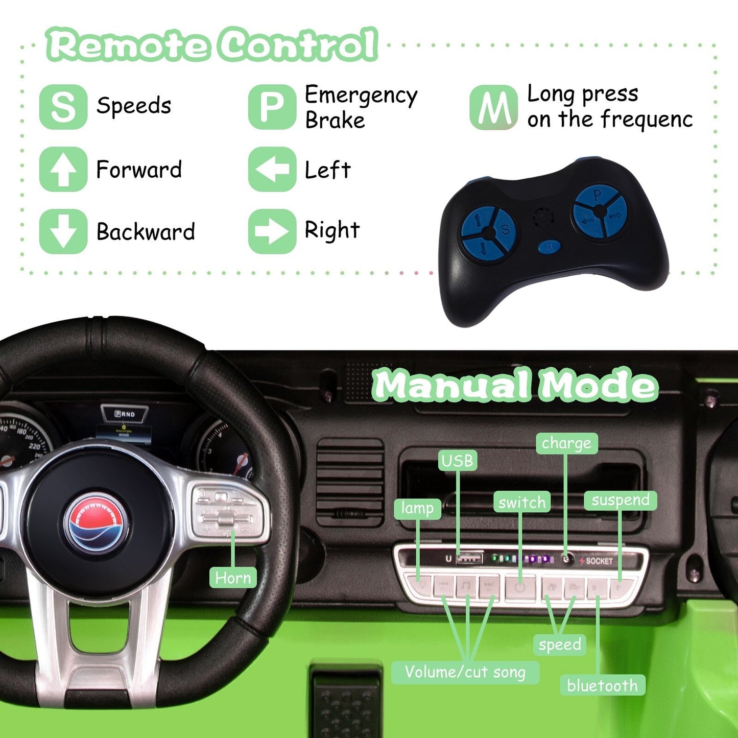 12V Electric Ride-On Jeep Truck for Kids 2-Seater with 3 Speeds Green
