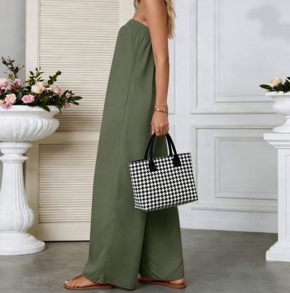 Casual Strapless Solid Color Wide-Leg Jumpsuit